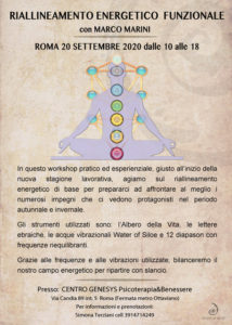 locandina del seminario esperienziale di RIALLINEAMENTO ENERGETICO FUNZIONALE che si terrà a Roma il 20 settembre 2020